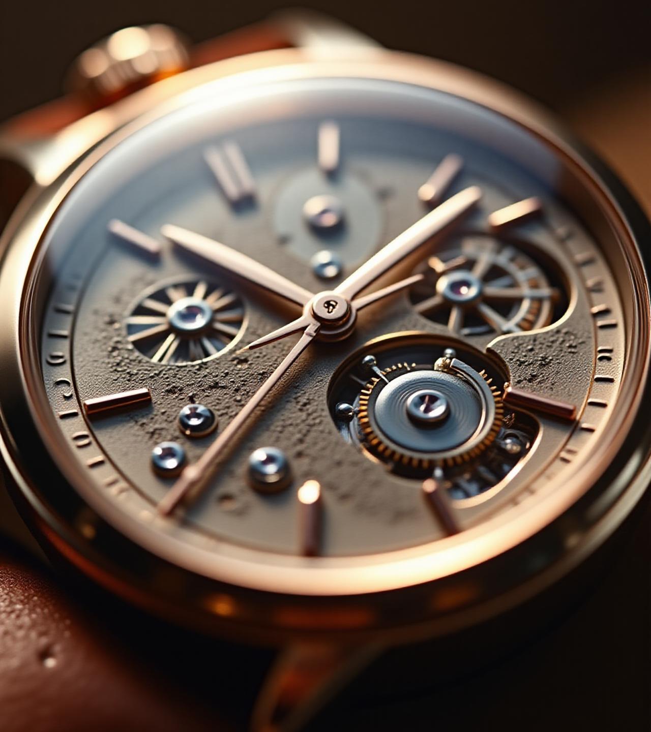 高級時計の精巧なムーブメントと文字盤のクローズアップ